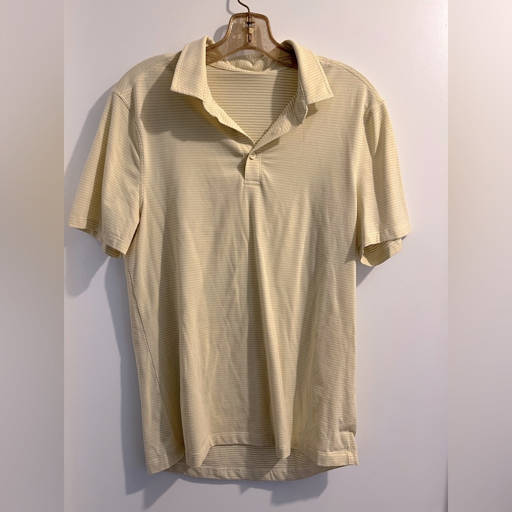 Lululemon Men’s Pale Yellow Striped Short Sleeve Polo Shirt Size Medium